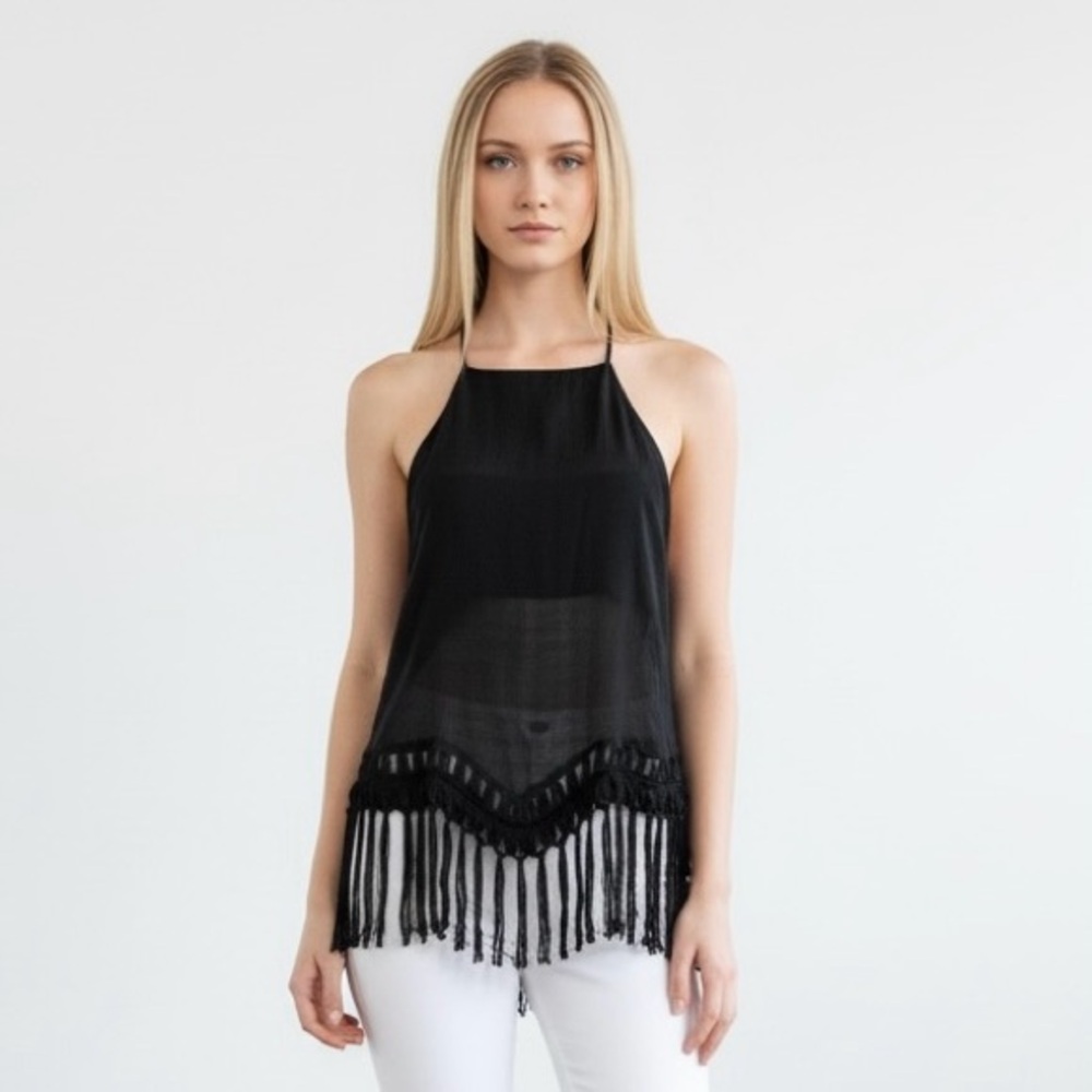 Mustard Seed Spaghetti Strap Semi Sheer Black Western Style Fringe Top
